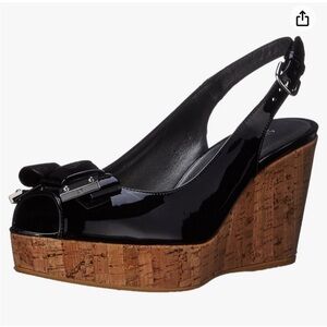 STUART WEITZMAN Black Bodajean Bow Patent Leather Wedge Sandals